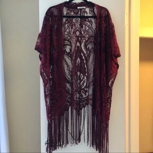 Maroon lace fringed kimono